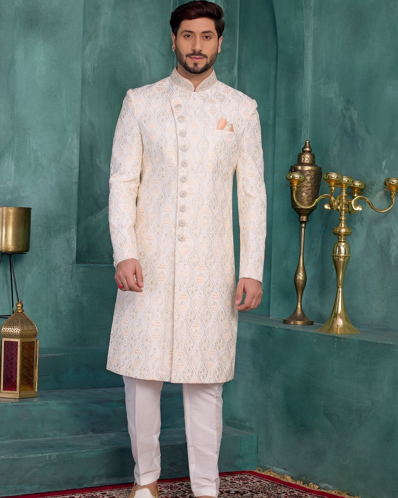 Elevate your ethnic style with this elegant Cream Designer Sherwani